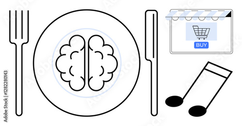 Brain on a plate with fork and knife, shopping cart in e-commerce window, and music notes. Ideal for education, technology, e-commerce, brain food, creativity, digital culture online shopping