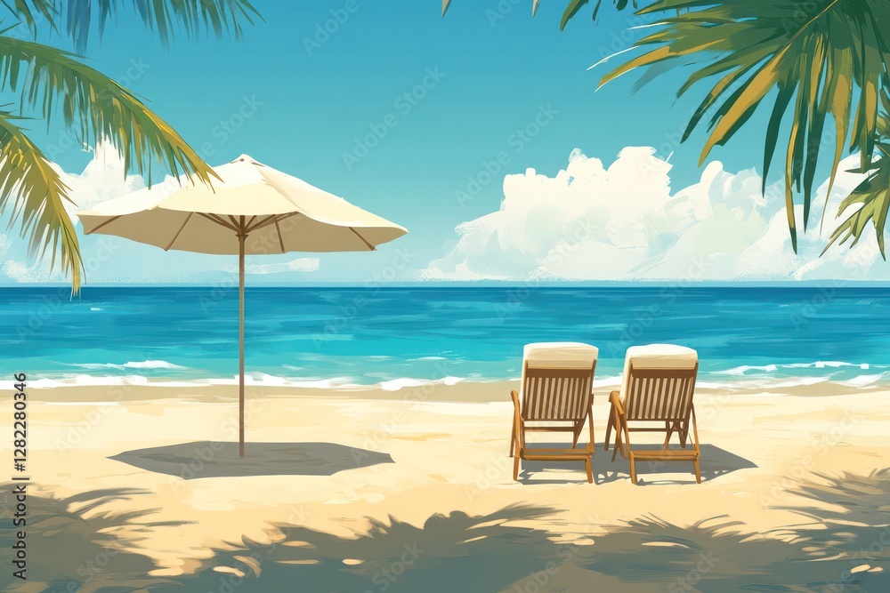 Obraz premium Tropical beach chairs under umbrella, ocean view, vacation