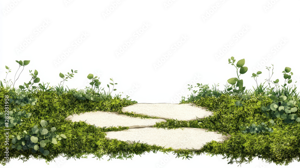 Obraz premium Serene Pathway with Greenery and Stones on White Background