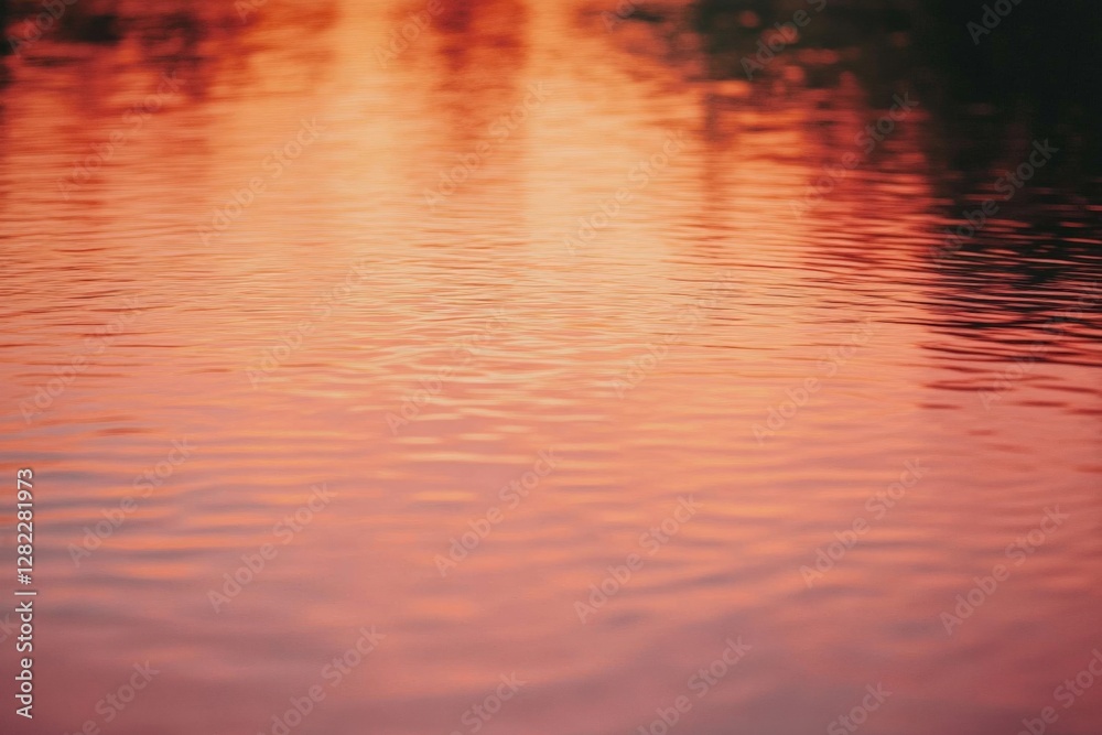 Water surface reflecting orange and pink hues during sunset at a calm lake in a serene natural setting