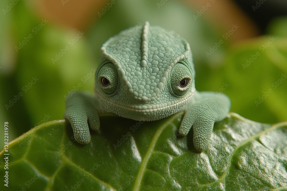 Small green lizard rests on a leaf surrounded by lush greenery in a natural setting