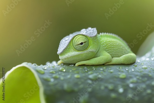 Close-up of a vibrant green chameleon resting on a leaf with water droplets during a serene morning in nature