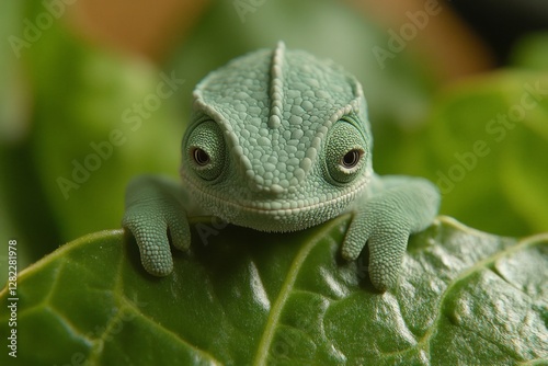 Obraz na płótnie Small green lizard rests on a leaf surrounded by lush greenery in a natural setting w salonie