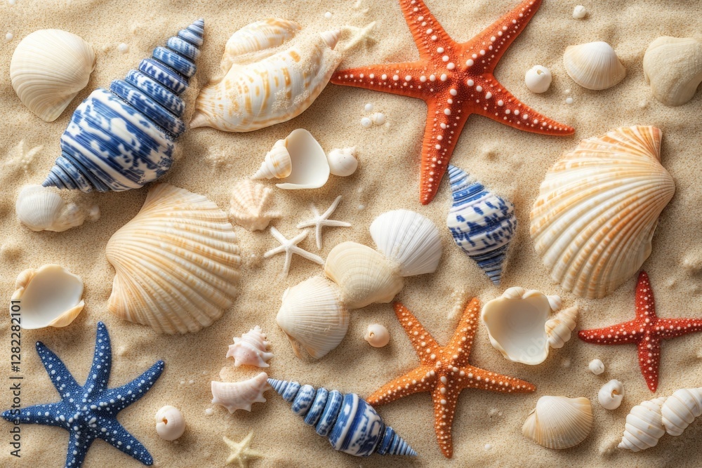 Colorful seashells and starfish scattered on sandy beach during sunny day