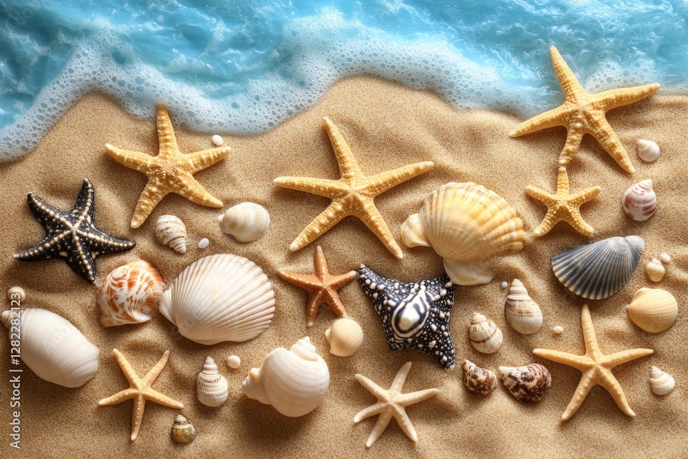 Colorful seashells and starfish scattered on a sandy beach near the ocean during daylight