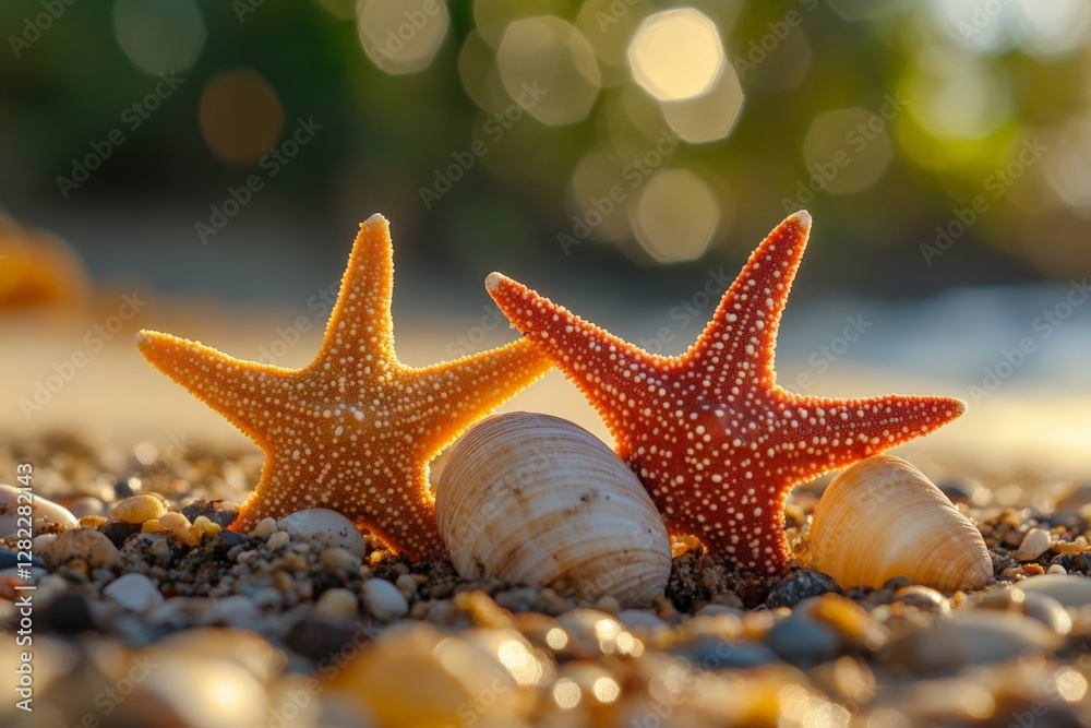 Starfish and shells resting on a sandy beach during golden hour near the ocean