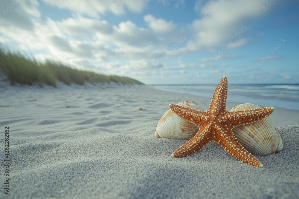 Starfish and seashells on a tranquil beach with cloudy sky during daytime