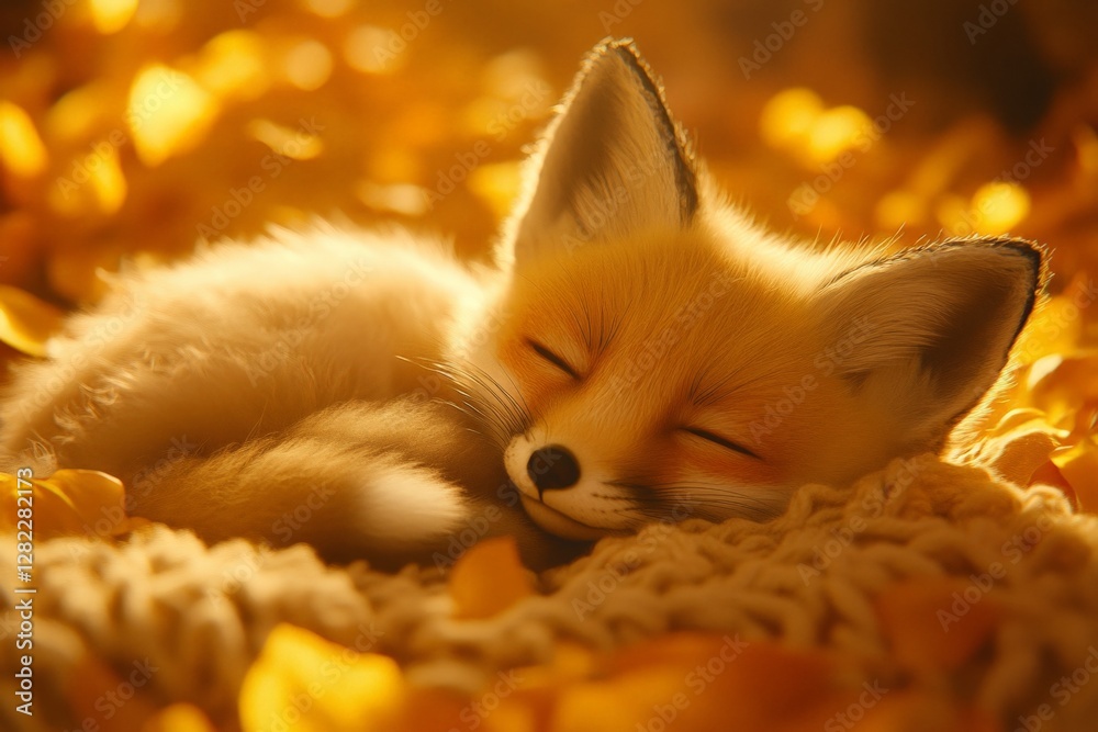 Sleeping fox cub nestled in autumn leaves during golden hour in a serene natural setting
