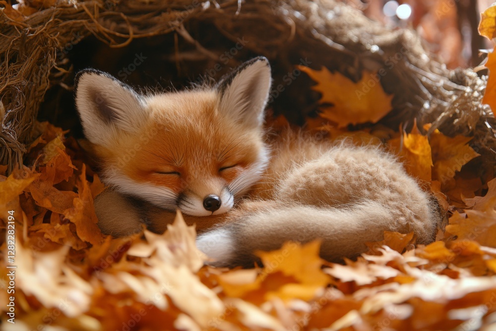 Cozy red fox curled up among autumn leaves in a natural setting