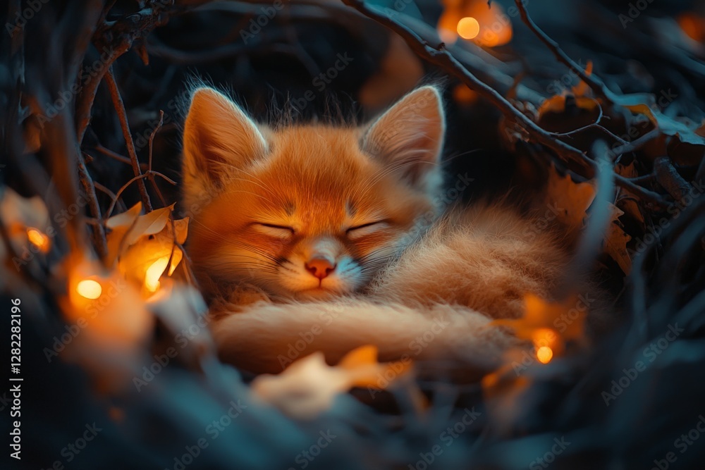 Cute orange kitten sleeping peacefully among leaves and warm lights in a cozy setting at dusk