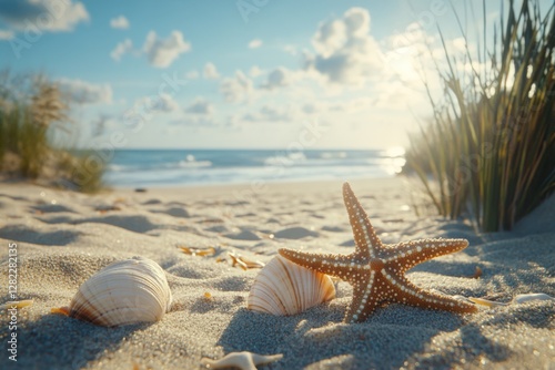 Starfish and seashells on a sandy beach at sunset with gentle waves in the background