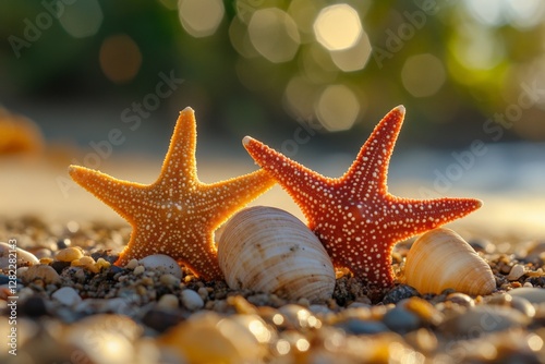 Obraz na płótnie Starfish and shells resting on a sandy beach during golden hour near the ocean w salonie