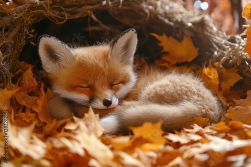 Obraz na płótnie Cozy red fox curled up among autumn leaves in a natural setting w salonie