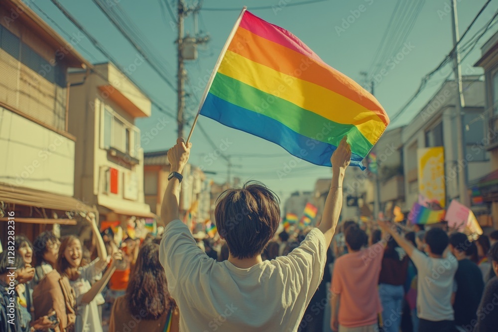 People celebrate pride at a vibrant parade with colorful flags under a clear blue sky