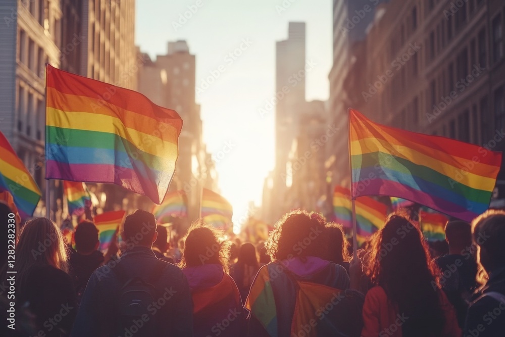People celebrate pride with rainbow flags on a city street during sunset, showcasing unity and diversity in a vibrant atmosphere