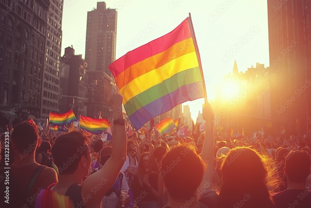 Vibrant celebration transforms city skyline with pride flags raised high as the sun sets in an urban gathering