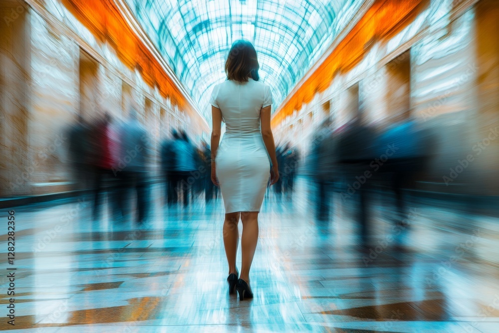 Woman in white dress stands in blurred crowd at an elegant indoor location with glass ceiling