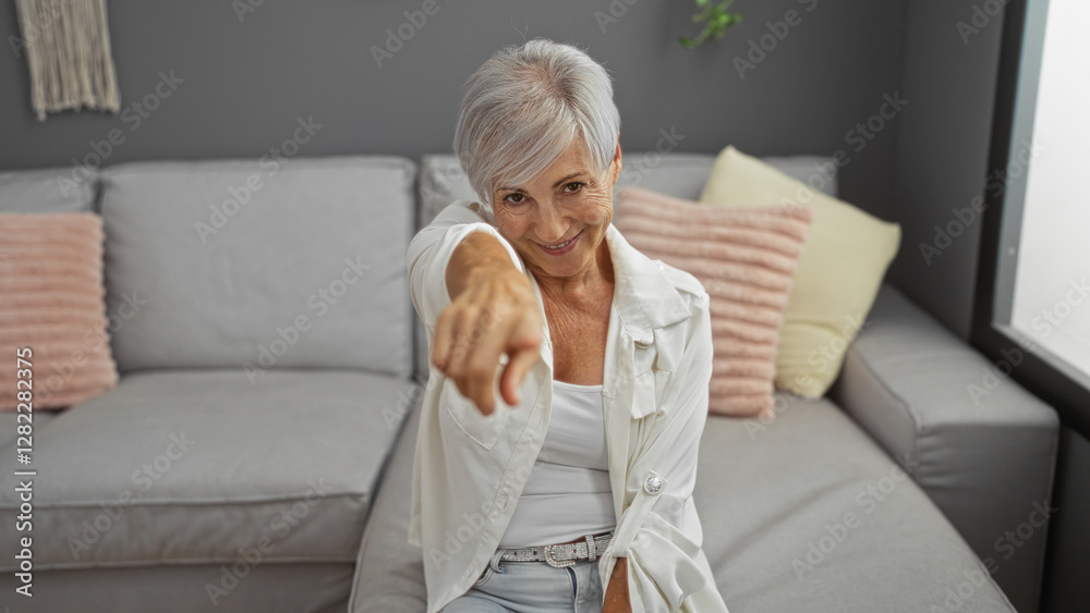 Mature woman with short grey hair pointing at the camera while sitting in a cozy living room with a friendly, confident expression Mature woman with short grey hair pointing at the camera while sitting in a cozy living room with a friendly, confident expression