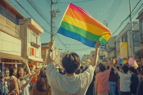 People celebrate pride at a vibrant parade with colorful flags under a clear blue sky