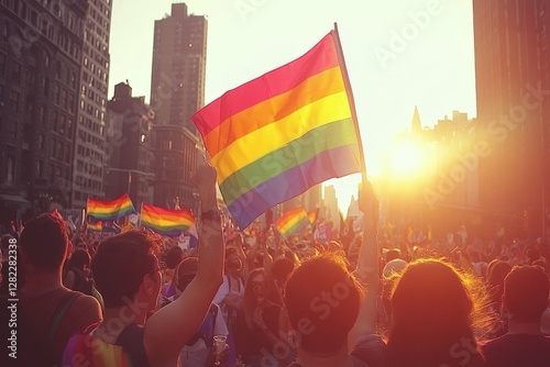 Obraz na płótnie Vibrant celebration transforms city skyline with pride flags raised high as the sun sets in an urban gathering w salonie