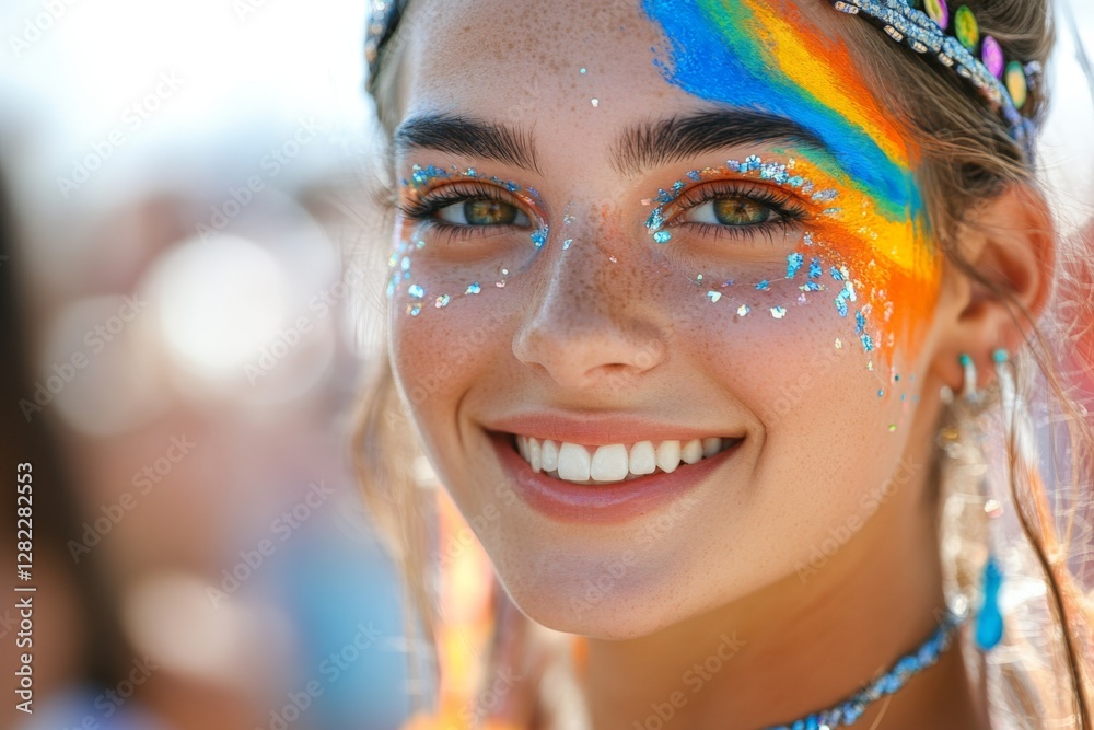 Smiling girl with vibrant face paint at festival celebrating creativity and self-expression during a sunny day