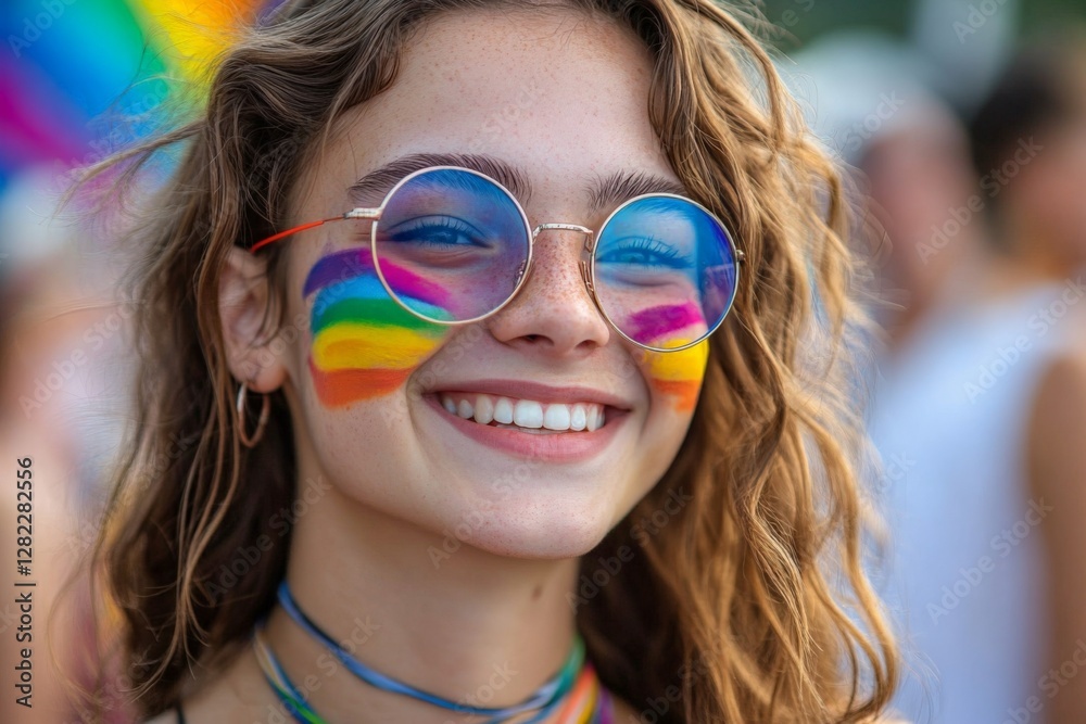Young person with colorful face paint and sunglasses smiles joyfully at a pride festival during a sunny day