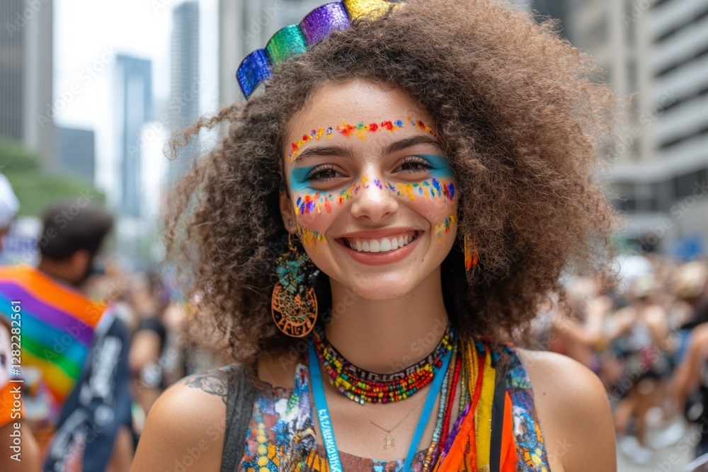 Young woman celebrates at vibrant city parade with colorful face paint and festive accessories