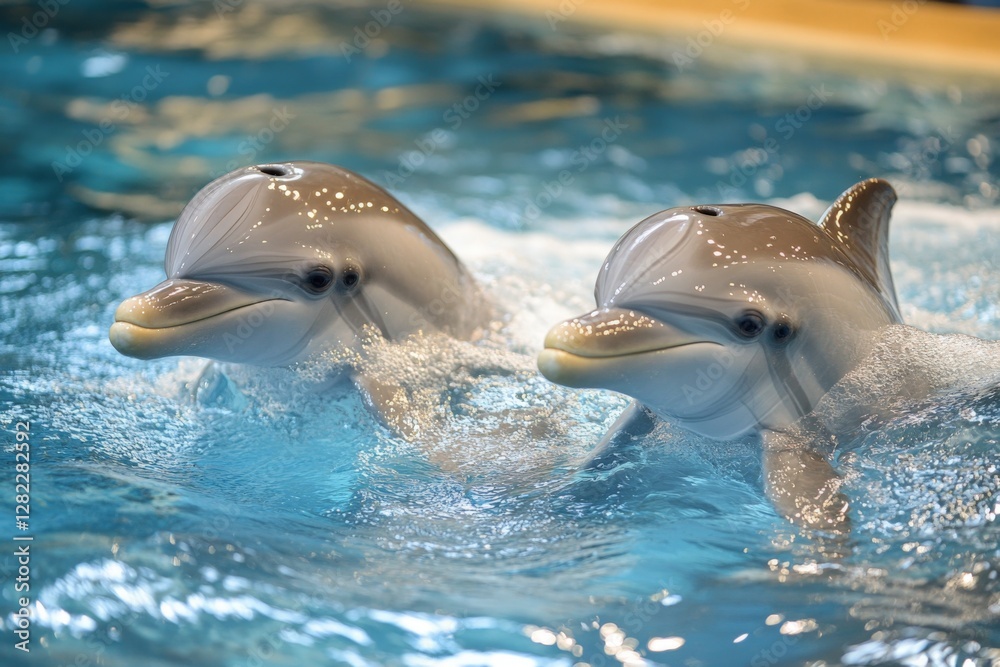 Dolphins swim playfully in a large aquarium during an afternoon performance for visitors