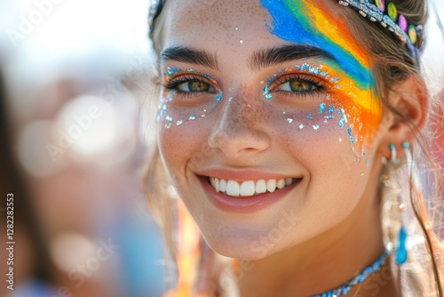 Obraz na płótnie Smiling girl with vibrant face paint at festival celebrating creativity and self-expression during a sunny day w salonie
