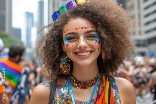 Obraz na płótnie Young woman celebrates at vibrant city parade with colorful face paint and festive accessories w salonie