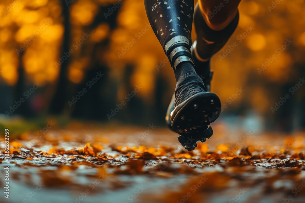 Runner strides confidently through an autumn forest path covered in fallen leaves during sunset