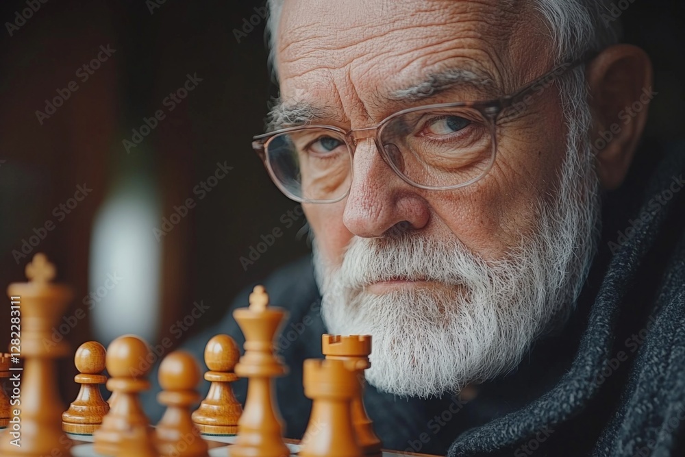 Elderly man focused on a chess match, deep in thought at a cozy indoor setting during a quiet afternoon