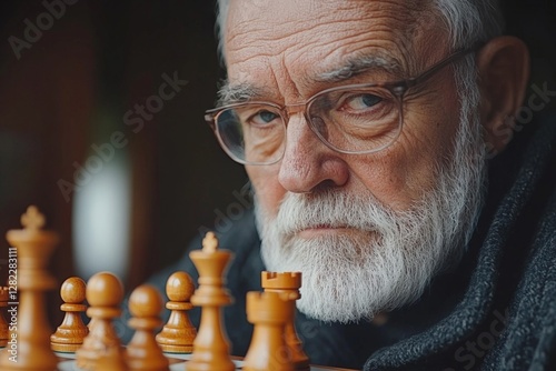 Obraz na płótnie Elderly man focused on a chess match, deep in thought at a cozy indoor setting during a quiet afternoon w salonie