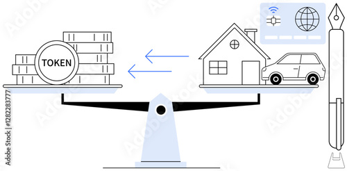 Scales balancing cryptocurrency tokens against a house and car, fountain pen on the side. Ideal for finance, investment, digital economy, property exchange, blockchain technology, smart contracts