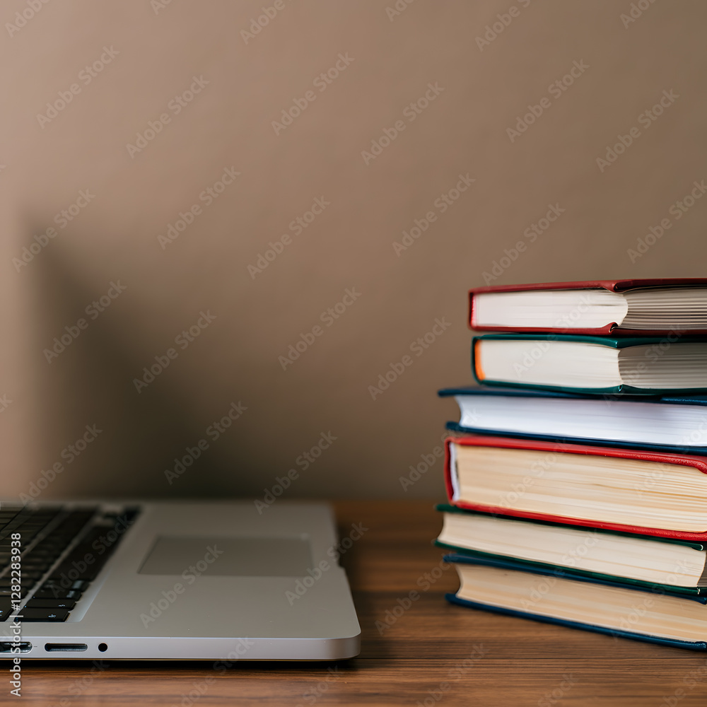 Stack of books and open laptop on wooden desk symbolizing knowledge education and learning workspace academic study research Stack of books and open laptop on wooden desk symbolizing knowledge education and learning workspace academic study research