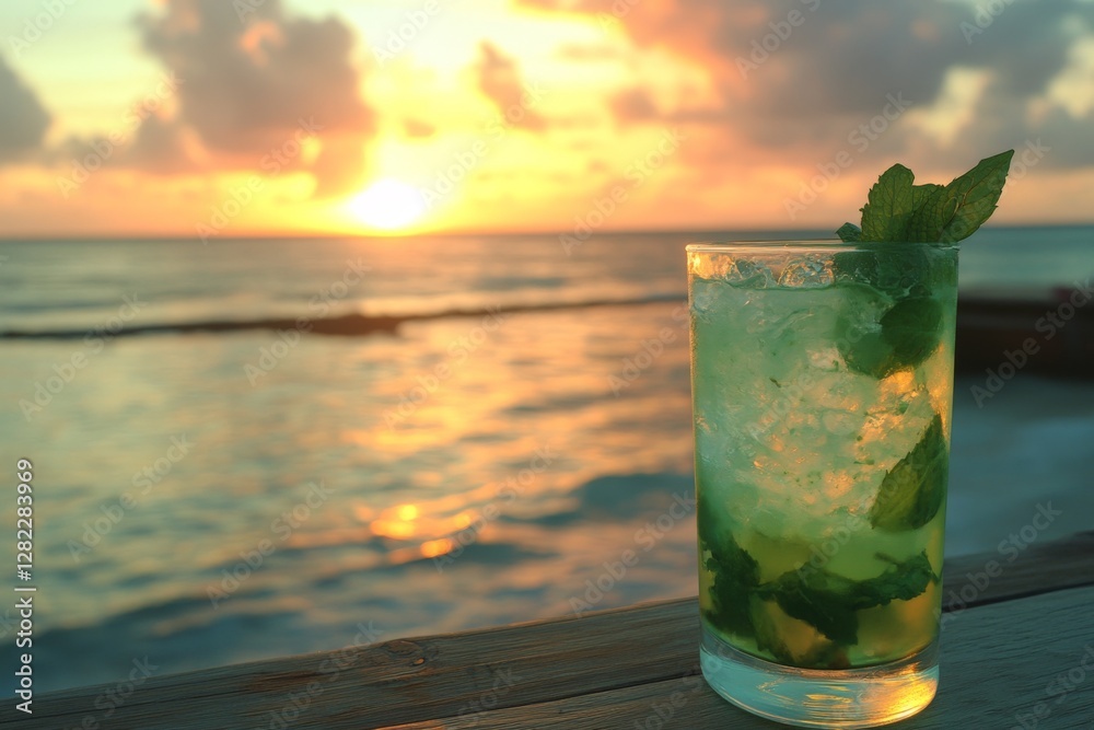 Refreshing mojito cocktail at sunset by the ocean with vibrant colors in the sky