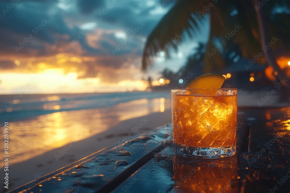 Golden sunset illuminates a cocktail on the beach with waves gently lapping the shore