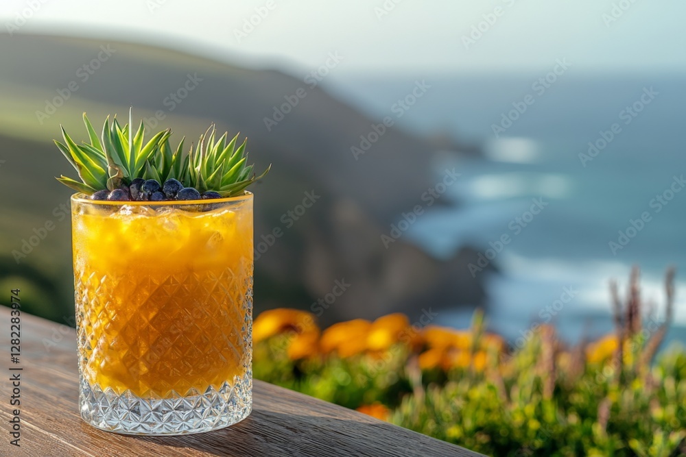 Refreshing tropical beverage with vibrant colors against a stunning coastal backdrop during golden hour