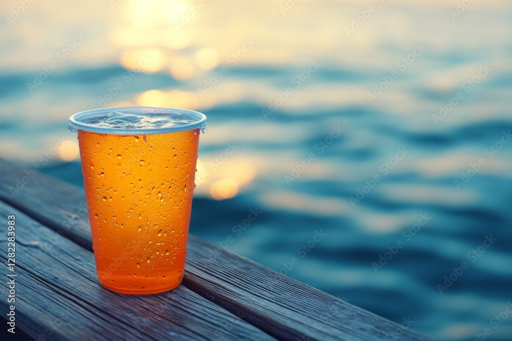 Refreshing drink sits on a wooden dock overlooking calm waters during sunset