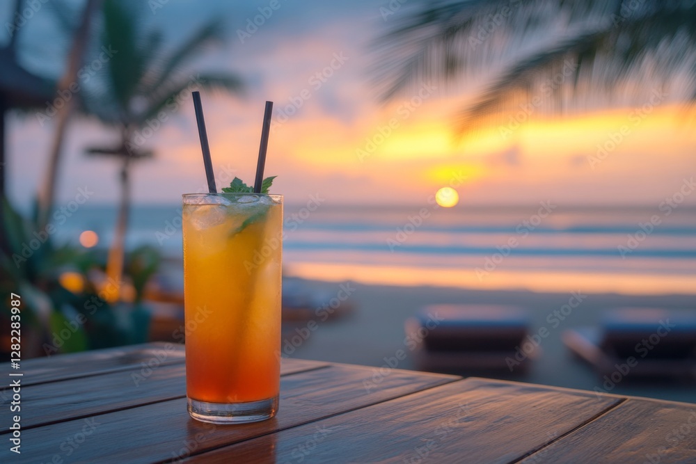 Refreshing tropical cocktail at sunset on a beachside table in a serene coastal setting
