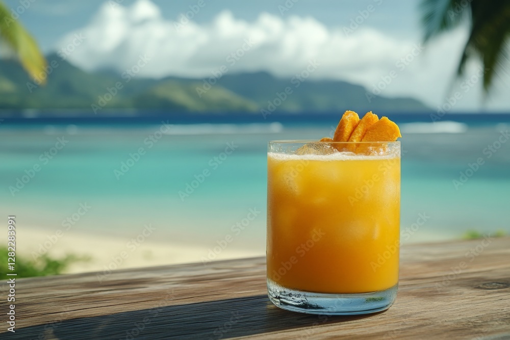 Refreshing tropical drink on a wooden table overlooking a stunning beach under bright clouds