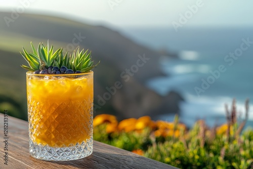 Refreshing tropical beverage with vibrant colors against a stunning coastal backdrop during golden hour