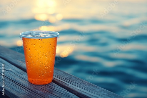 Obraz na płótnie Refreshing drink sits on a wooden dock overlooking calm waters during sunset w salonie