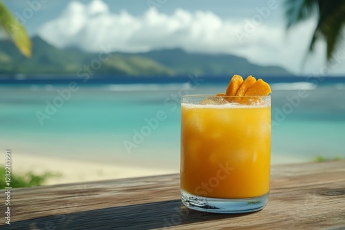 Obraz na płótnie Refreshing tropical drink on a wooden table overlooking a stunning beach under bright clouds w salonie