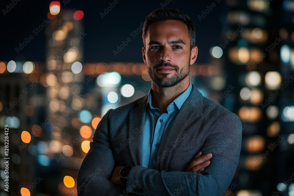 Professional man stands confidently against a city skyline at night showcasing stunning lights and urban atmosphere