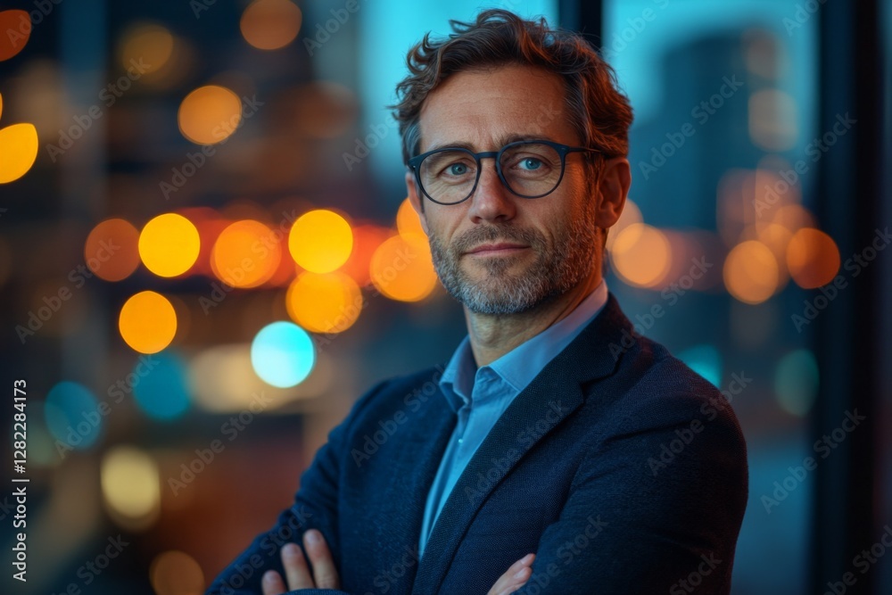 Portrait of a man in formal attire standing confidently indoors with city lights in the background during twilight hours