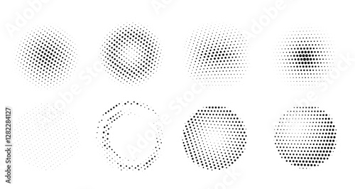 Halftone textures featuring circular dot patterns on a white background, each with varying densities and arrangements. The minimal design highlights texture diversity, contrast, and form.