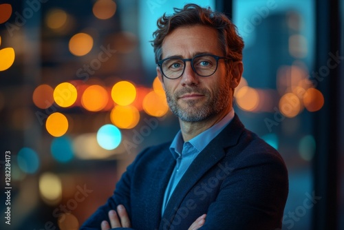 Obraz na płótnie Portrait of a man in formal attire standing confidently indoors with city lights in the background during twilight hours w salonie