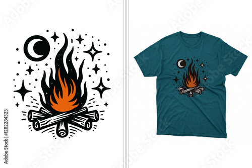 night time campfire t-shirt design artwork, camping tee graphic template, starry sky t-shirt print