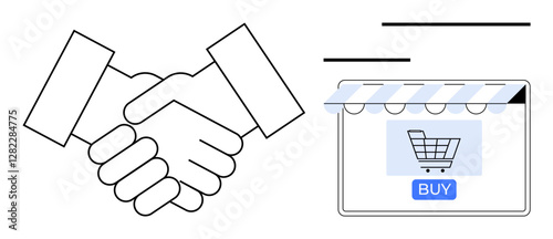 Handshake and online storefront with shopping cart and buy button. Ideal for e-commerce, business collaboration, digital transactions, online purchasing, partnerships, customer relations
